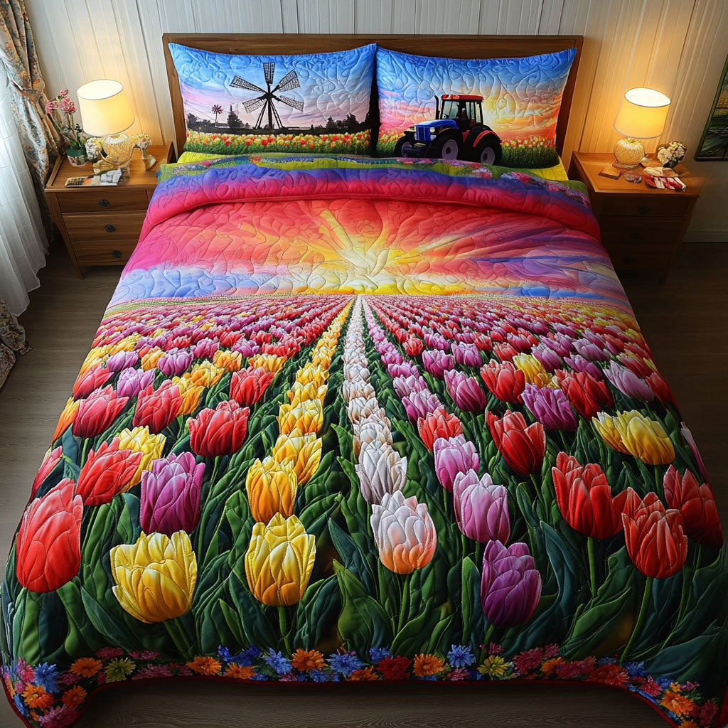 Sunset Farm Drive Quilted Bedding Set Unique Bed Sheet Set Unique Gifts For Tulip Lovers