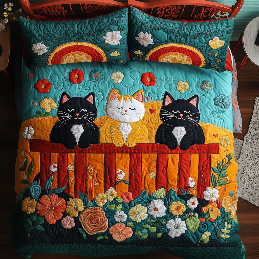 Sunset Fence Cats Quilted Bedding Set Bedroom Decorations Cat Present Ideas Xmas