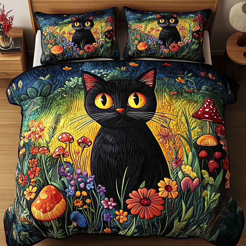 Sunset Fields Cat Quilted Bedding Set Stylish Bedding Merch Gift for Home Lovers