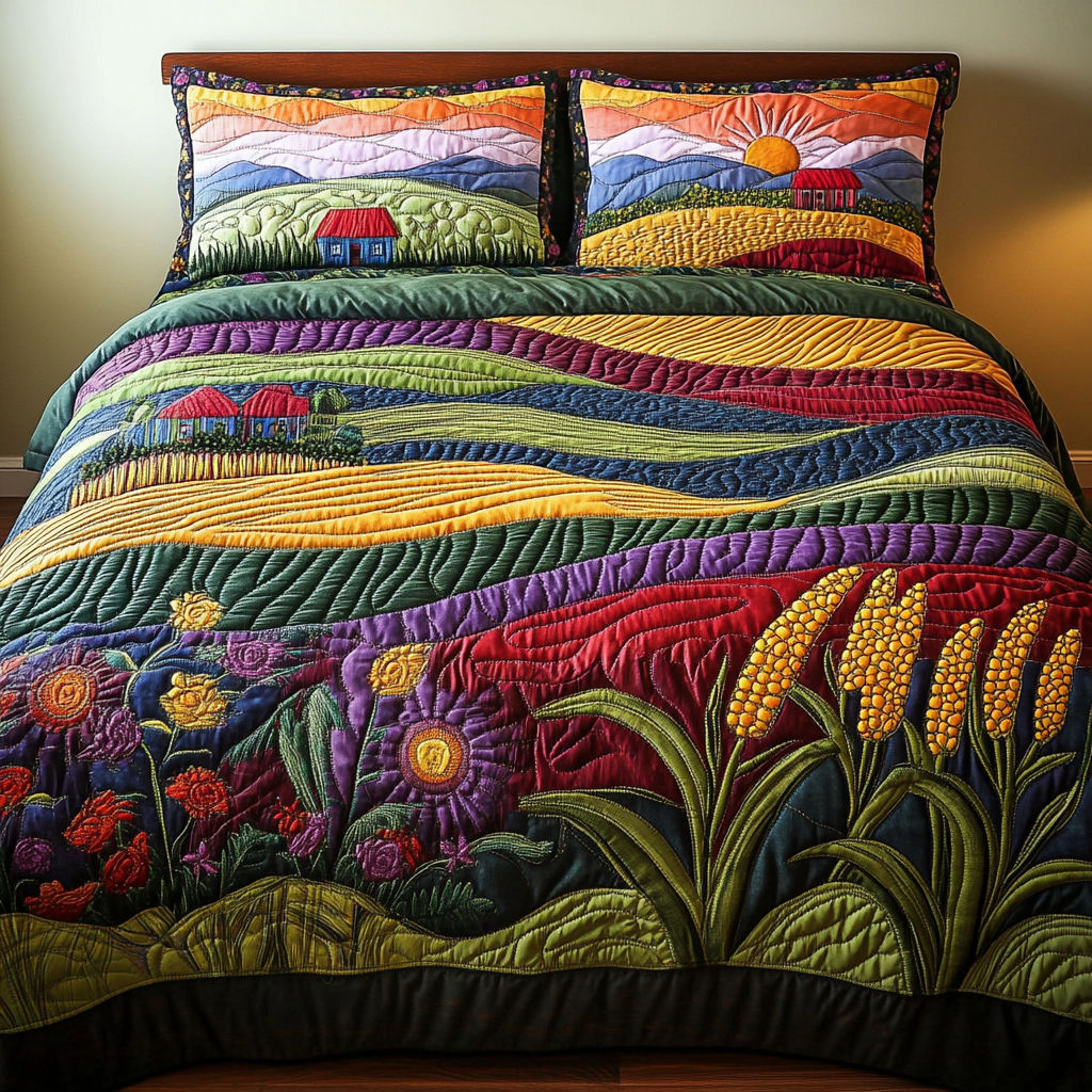 Sunset Fields Quilted Bedding Set Farmhouse Bed Decor Unique Gifts For Family