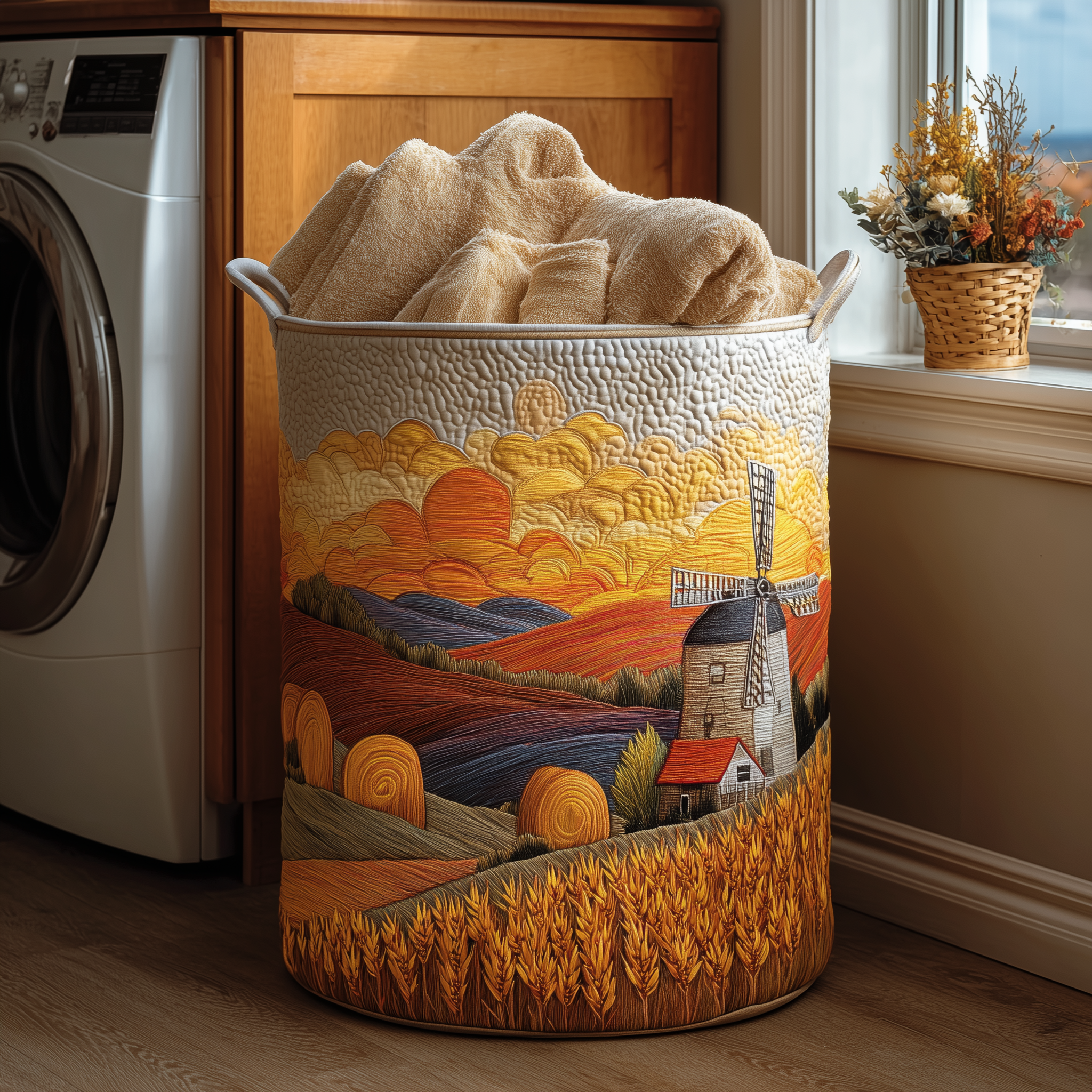 Sunset Fields Quilted Laundry Basket Ideal Gift For Mom