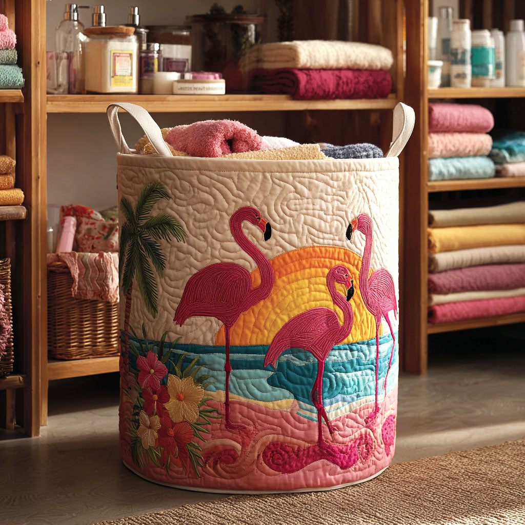 Sunset Flamingo Quilted Laundry Basket Decorative Quilted Laundry Basket for Neat Spaces