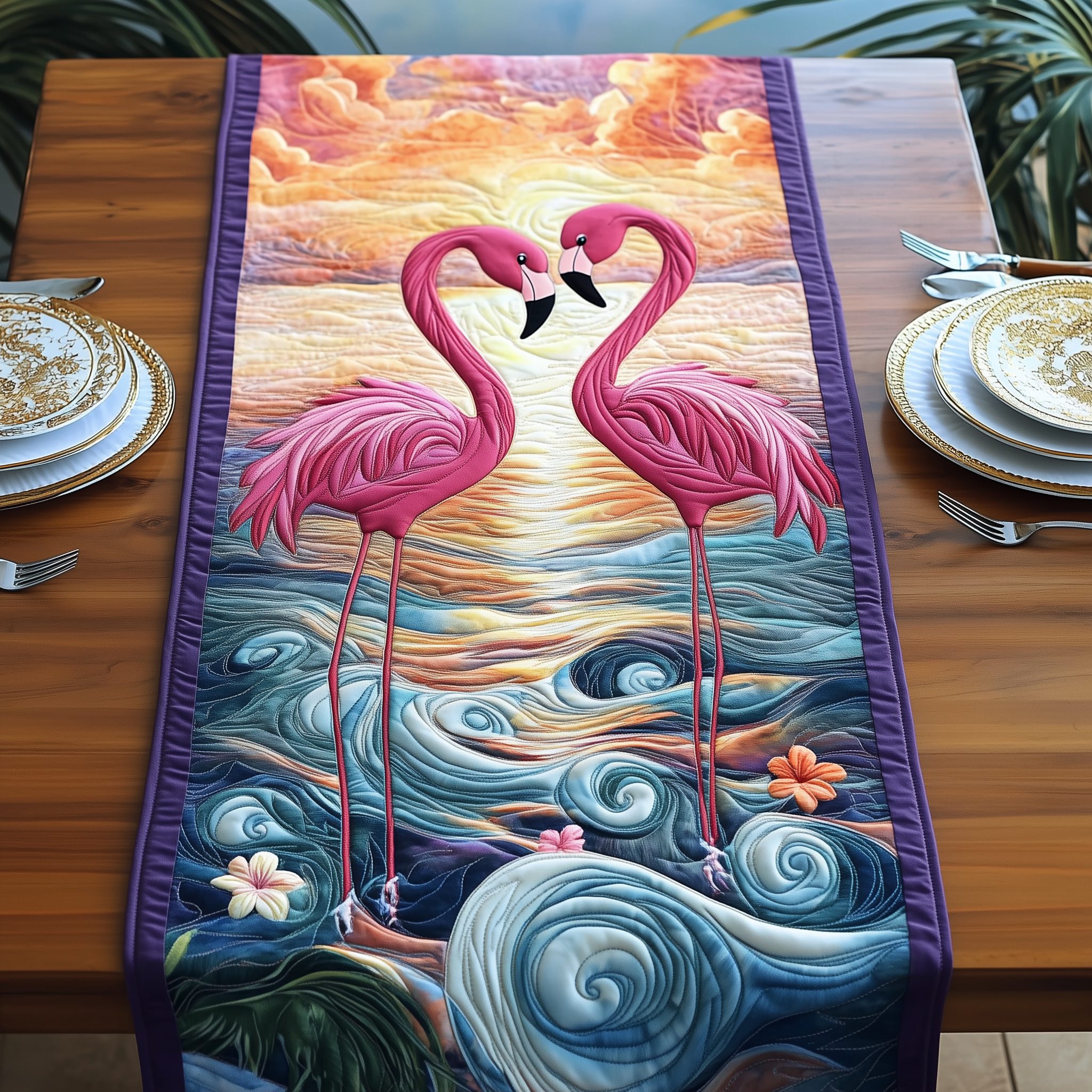 Sunset Flamingo Quilted Table Runner Holiday Dining Table Runner Xmas Unique Pink Flamingo Gifts