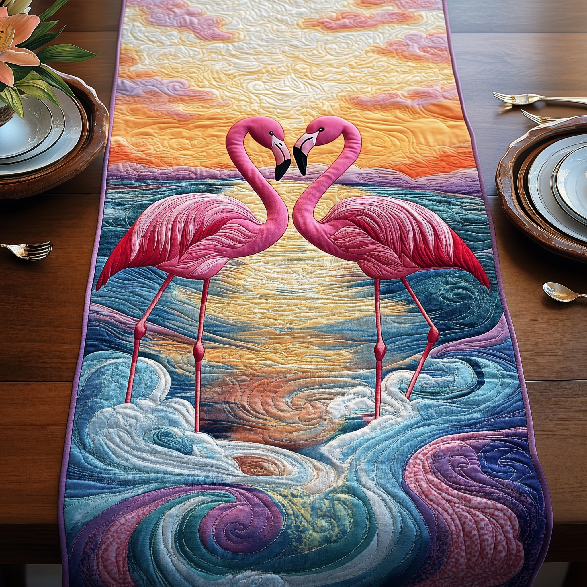 Sunset Flamingo Quilted Table Runner Modern Dining Holiday Table Christmas Gifts For Flamingo Lovers