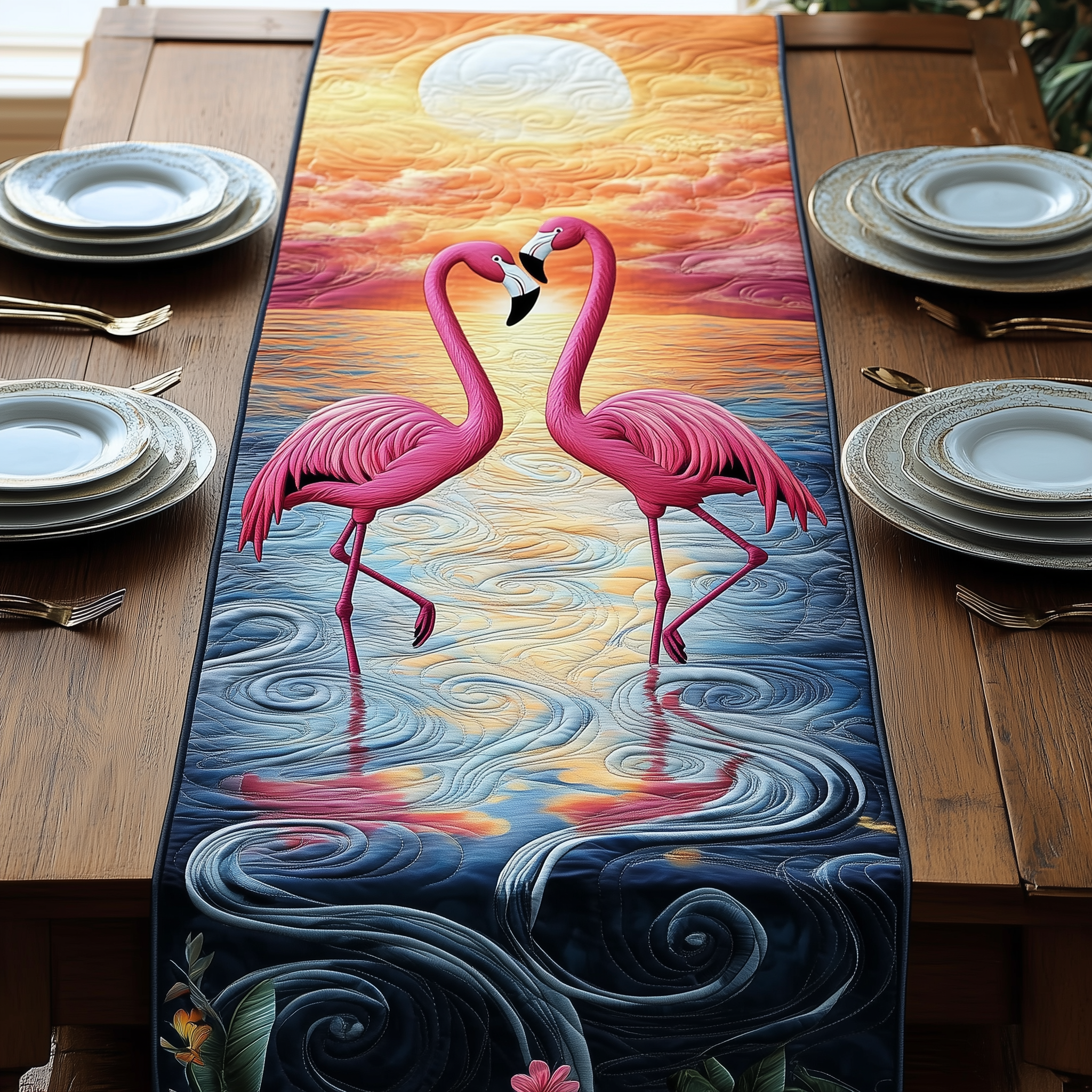 Sunset Flamingo Quilted Table Runner Modern Dining Holiday Table Christmas Gifts For Flamingo Lovers