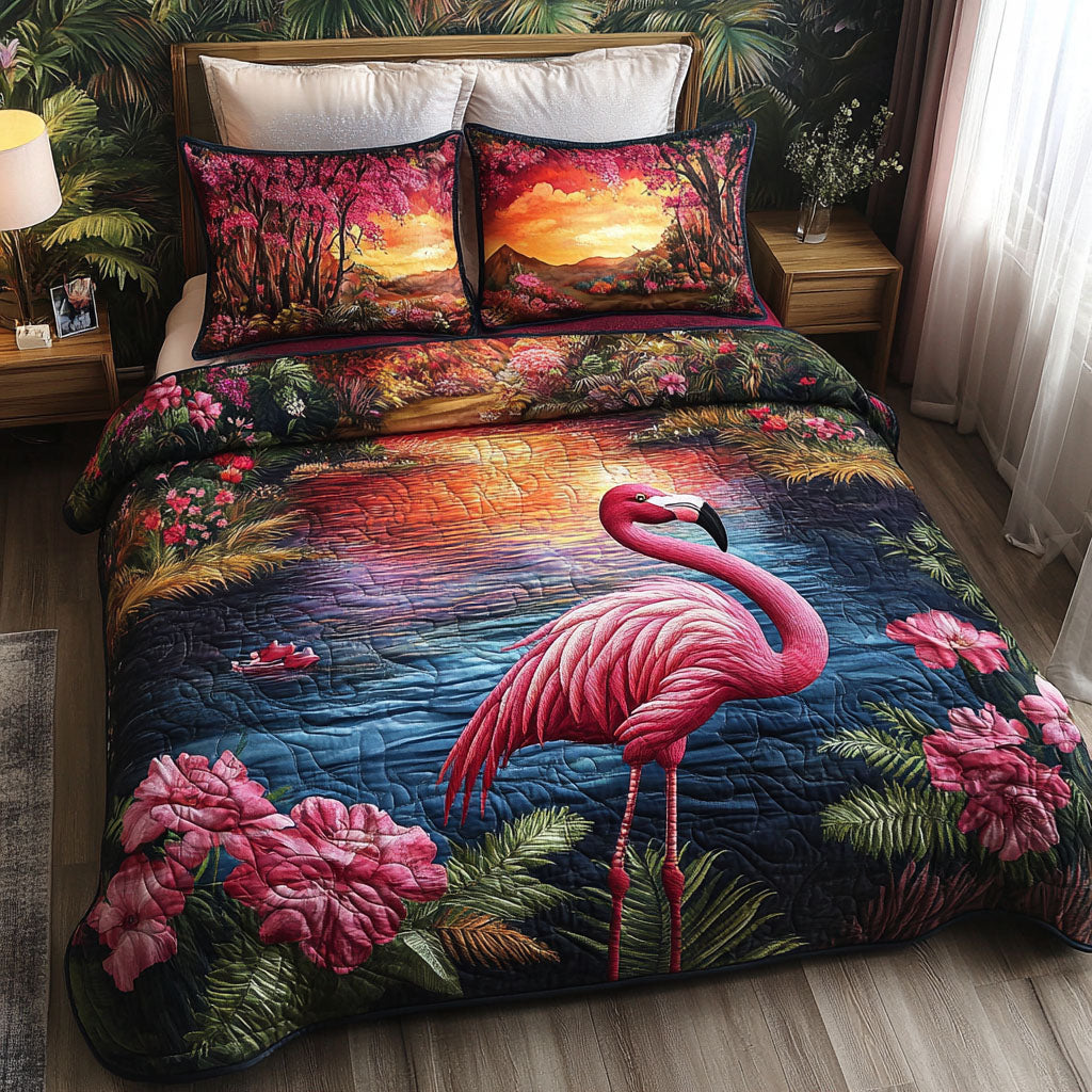 Sunset Flamingo Scene Quilted Bedding Set Bed Decor Ideas Pink Flamingo Gift Ideas