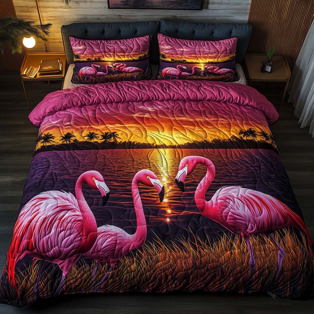 Sunset Flamingos Quilted Bedding Set Lightweight Duvet Cover Set for Year-Round Comfort