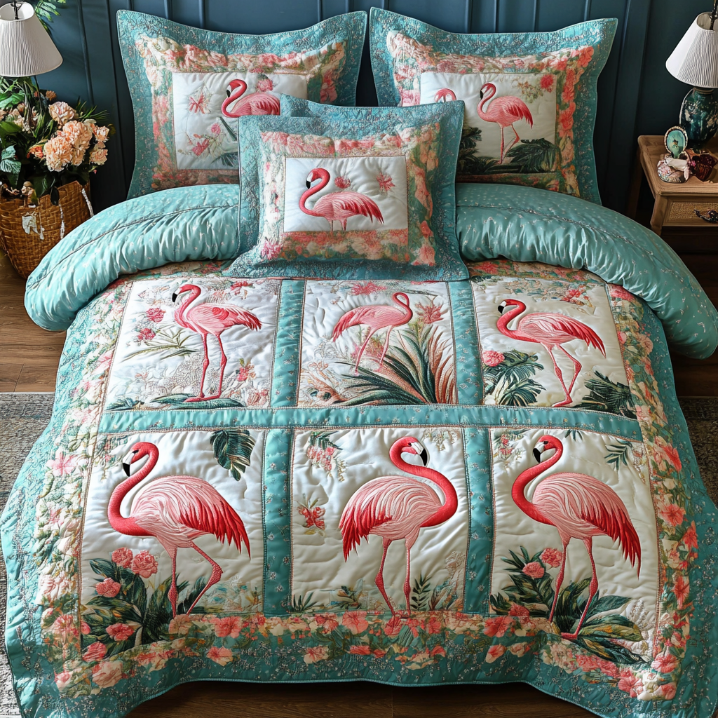 Sunset Flock Quilted Bedding Set Best Bed Sheet Set Flamingo Birthday Gift Ideas