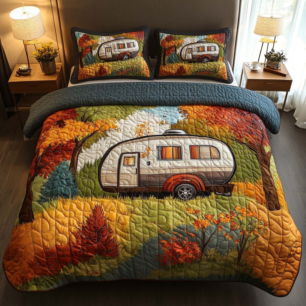 Sunset Forest Camper Quilted Bedding Set Autumn Bed Sheet Set Camping Themed Gifts For Adults