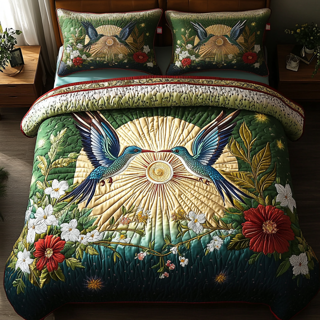 Sunset Glide Quilted Bedding Set Cute Room Decor Awesome Gifts For Hummingbird Lovers