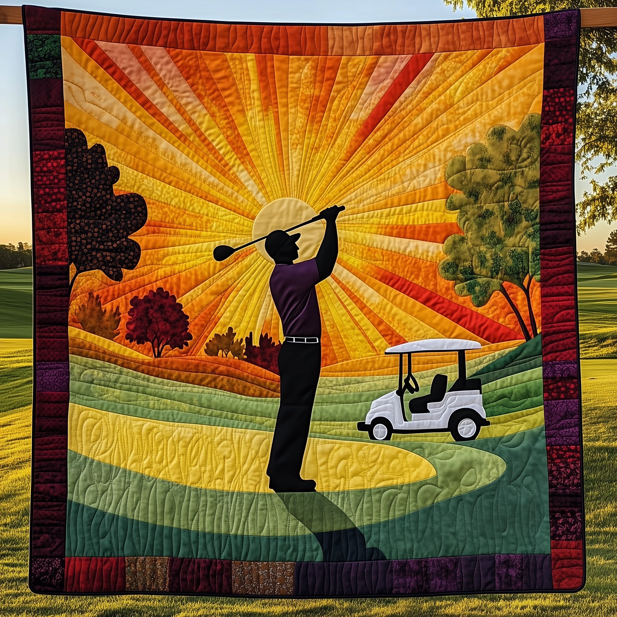 Sunset Golfer Swing Quilted Blanket Nice Throw BlanketGolf Gifts For Him