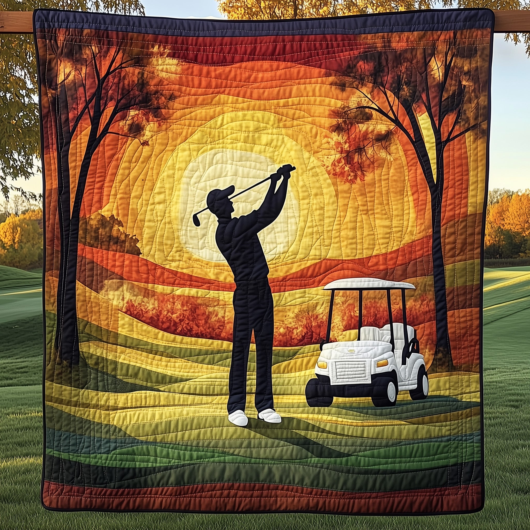Sunset Golfer Swing Quilted Blanket Quilt Blanket Gift for Birthday & Holidays