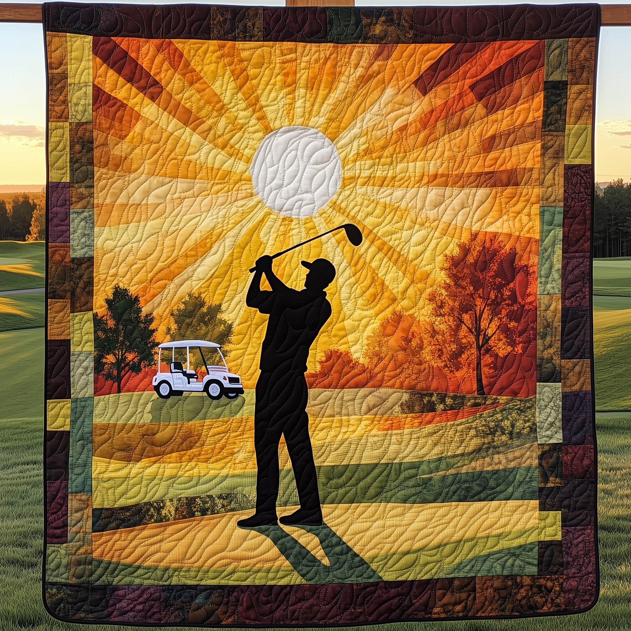 Sunset Golfer Swing Quilted Blanket Quilted Blanket Gift for Grandma & Grandpa
