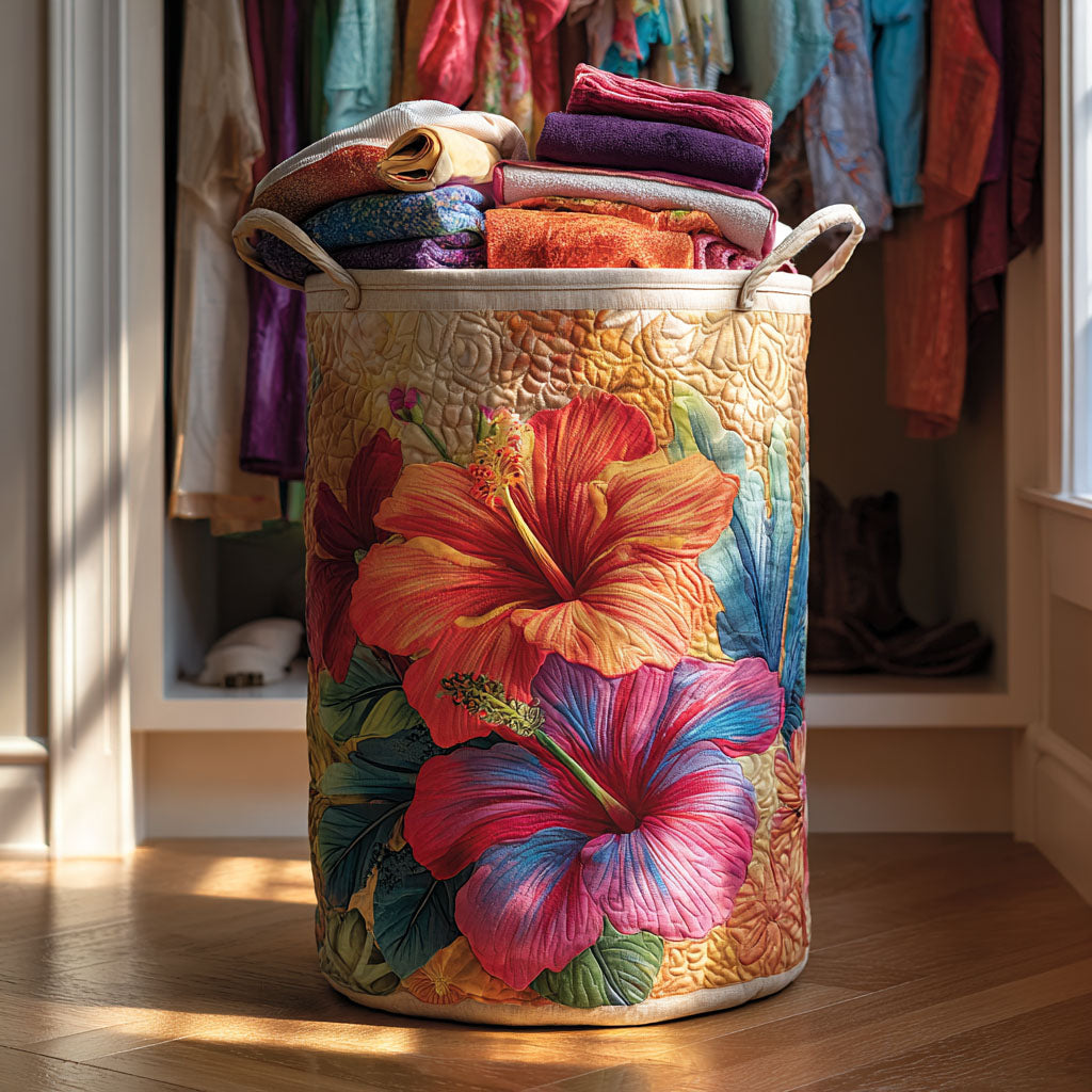 Sunset Hibiscus Quilted Laundry Basket Merch For Home And Living