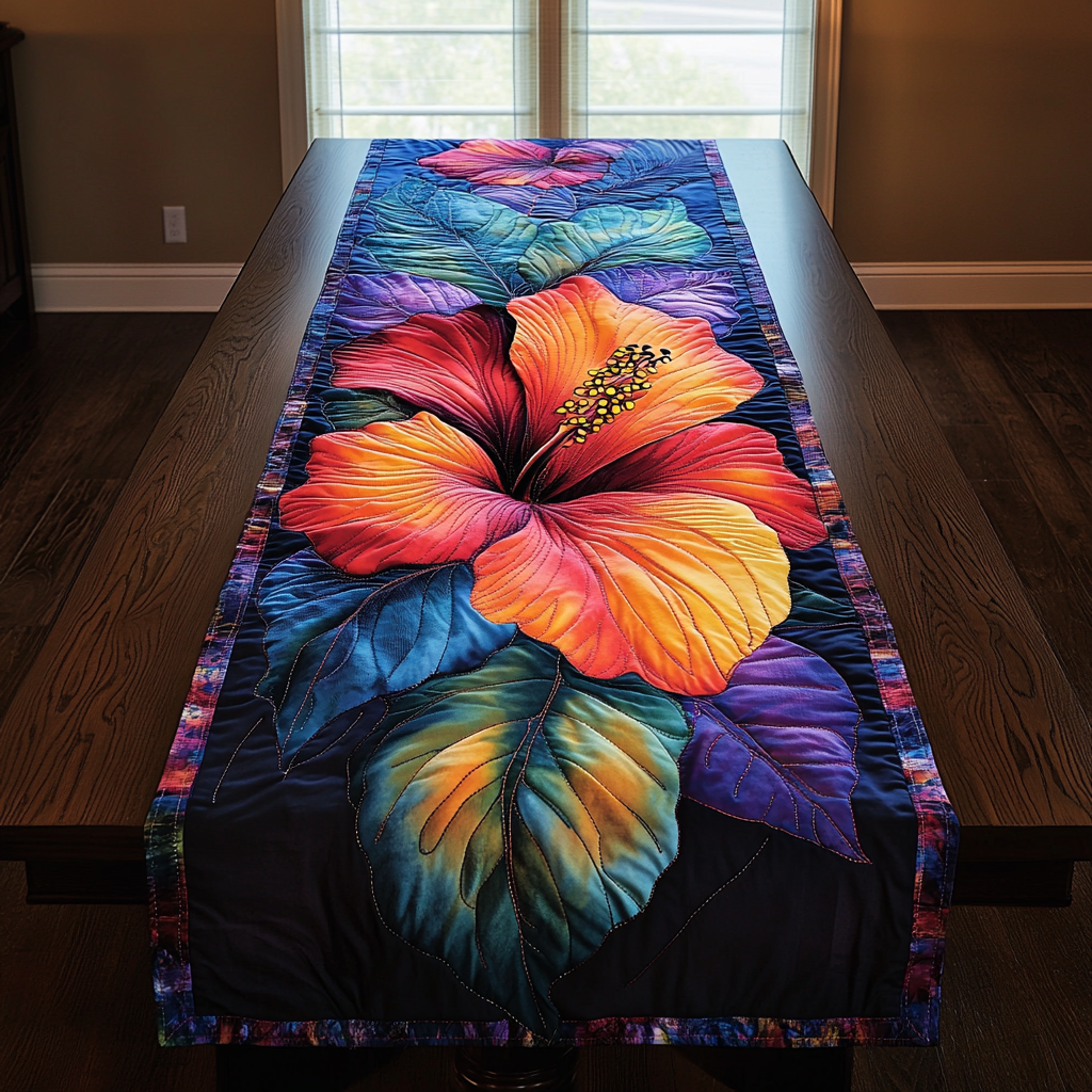 Sunset Hibiscus Quilted Table Runner Floral Table Cover Best Family Gifts