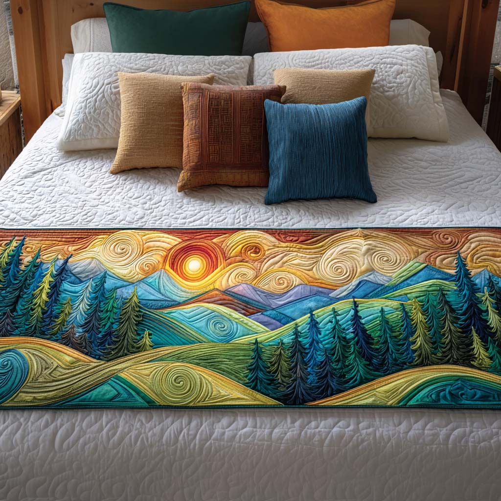 Sunset Hillscape Quilted Bed Runner Cozy Bedroom Decor Gifts For Wildlife Enthusiasts