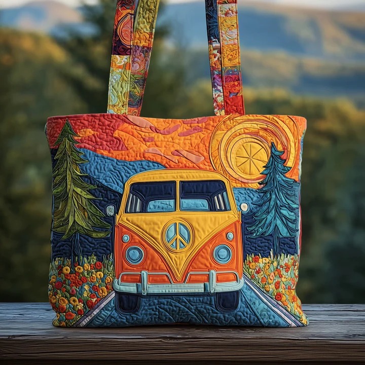 Sunset Hippie Van Quilted Tote Bag Mountain Road Peace Bag Best Gift For Travel Lovers