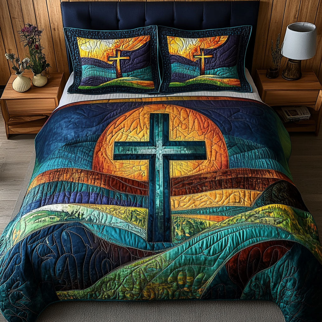 Sunset Horizon Cross Quilted Bedding Set Cozy Bedroom Decor Unusual Christian Gifts