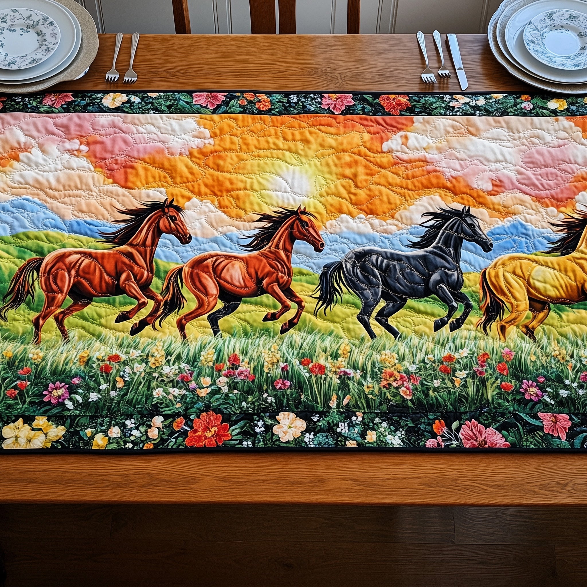 Sunset Horse Charge Quilted Table Runner Table Runner for Holiday Gatherings