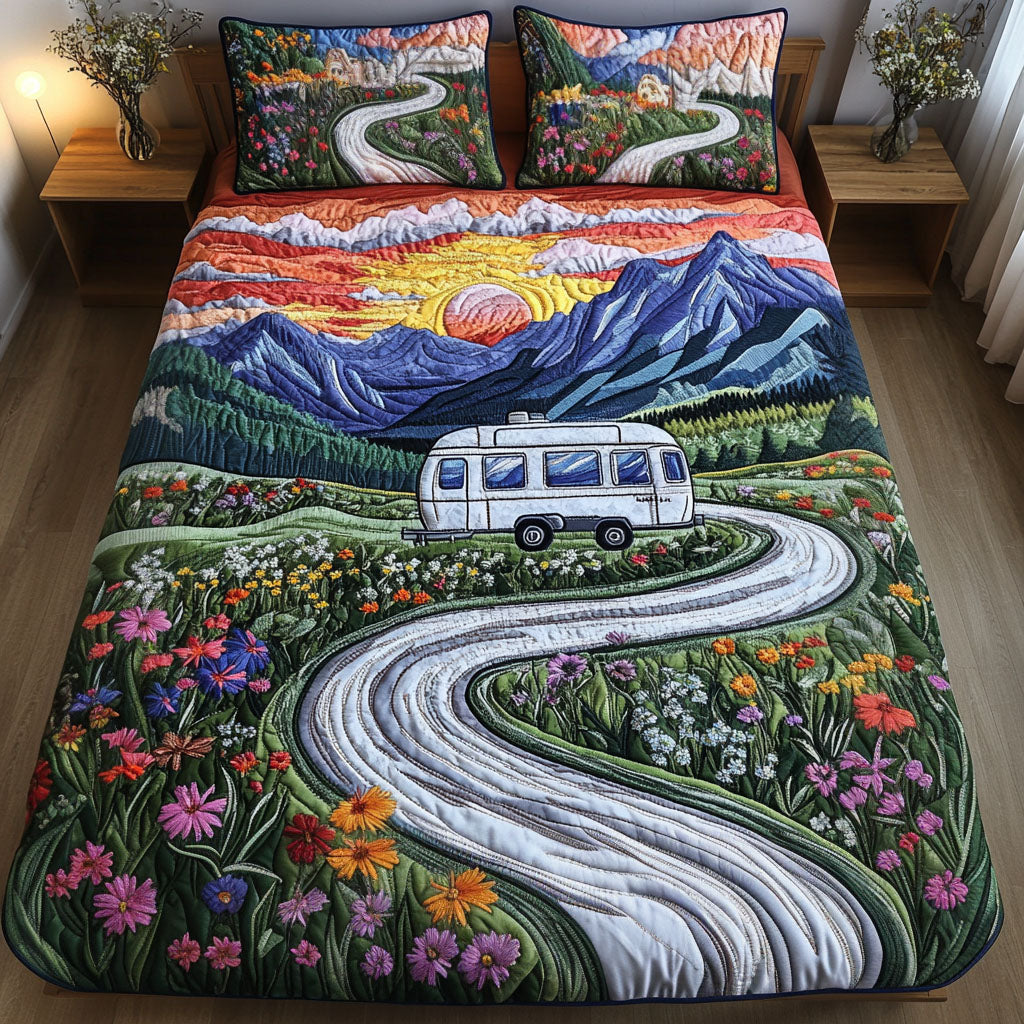 Sunset Journey Quilted Bedding Set Bed Decor Camping Themed Christmas Gifts