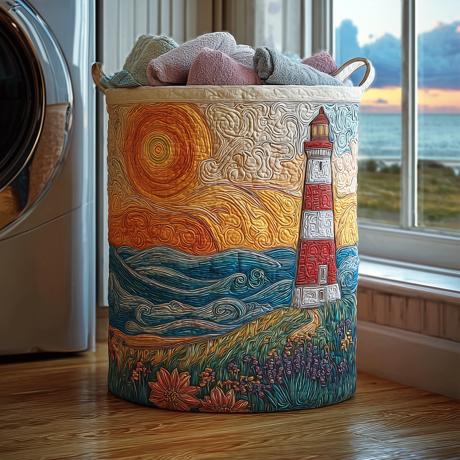 Sunset Lighthouse Quilted Laundry Basket Excellent Gift For Her