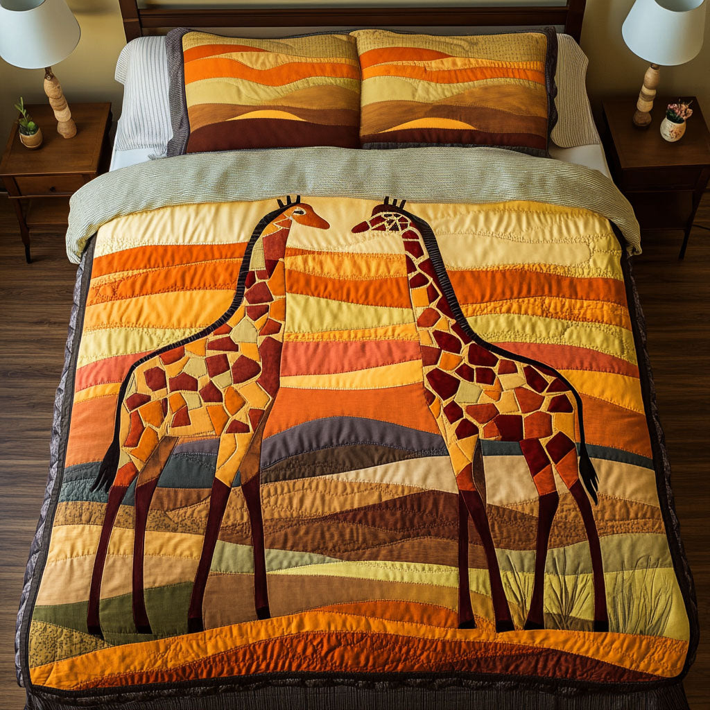 Sunset Mosaic Giraffes Quilted Bedding Set Soft Bed Sheet and Pillowcase Set for Relaxing Nights