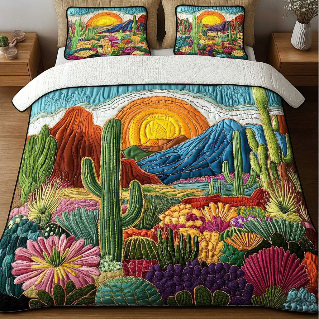 Sunset Oasis Quilted Bedding Set Christmas Bed Sheets Cactus Themed Birthday Gifts