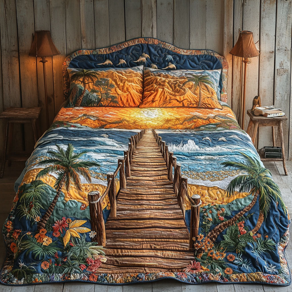Sunset Over the Pier Quilted Bedding Set Aesthetic Room Decor Fishing Gifts For Him