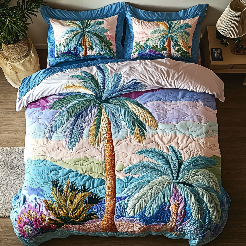 Sunset Palms Quilted Bedding Set Bed Decor Surfing Gifts For Men