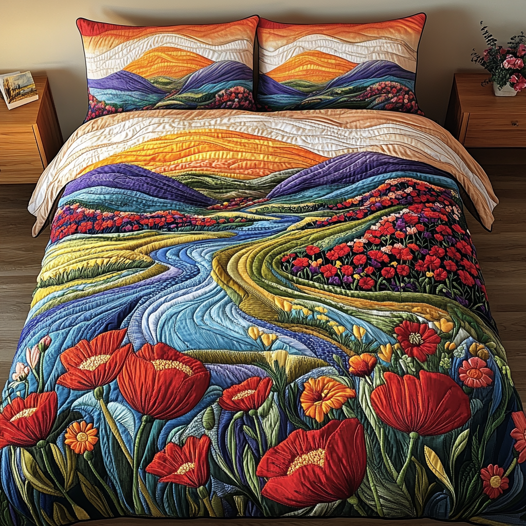 Sunset Poppies Quilted Bedding Set High-Quality Cotton Bedding Set for Deep Sleep