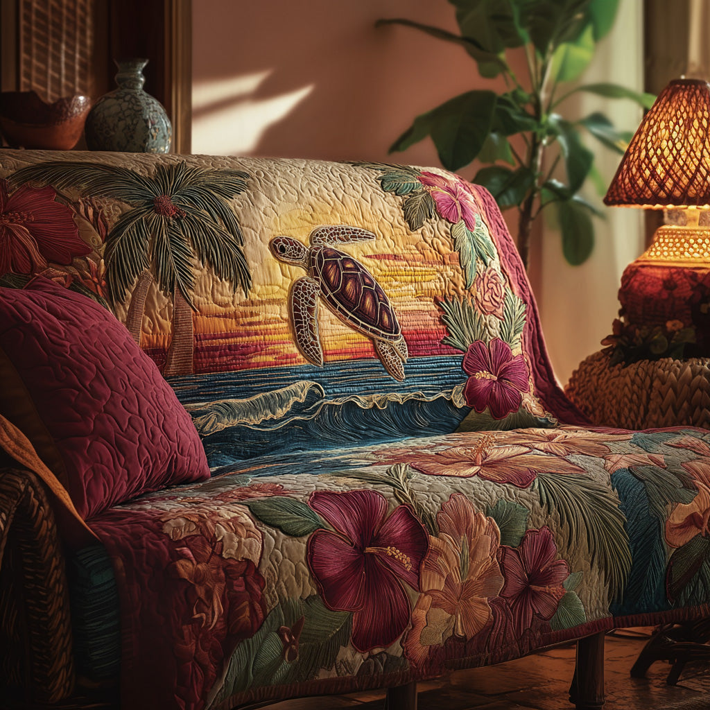 Sunset Reef Turtle Quilted Sofa Cover Home Decor Sea Turtle Gift Ideas