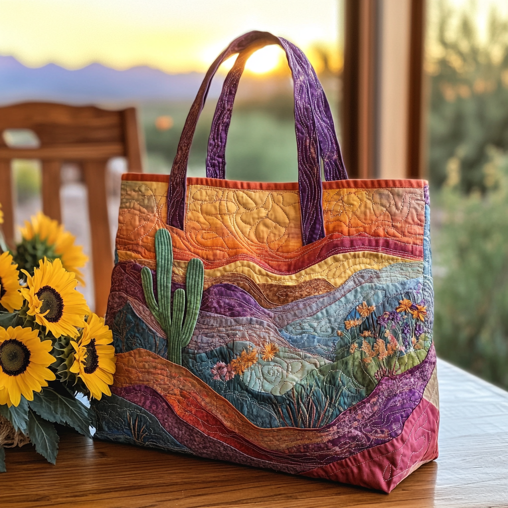 Sunset Ridge Quilted Tote Bag Cute Cactus Gifts