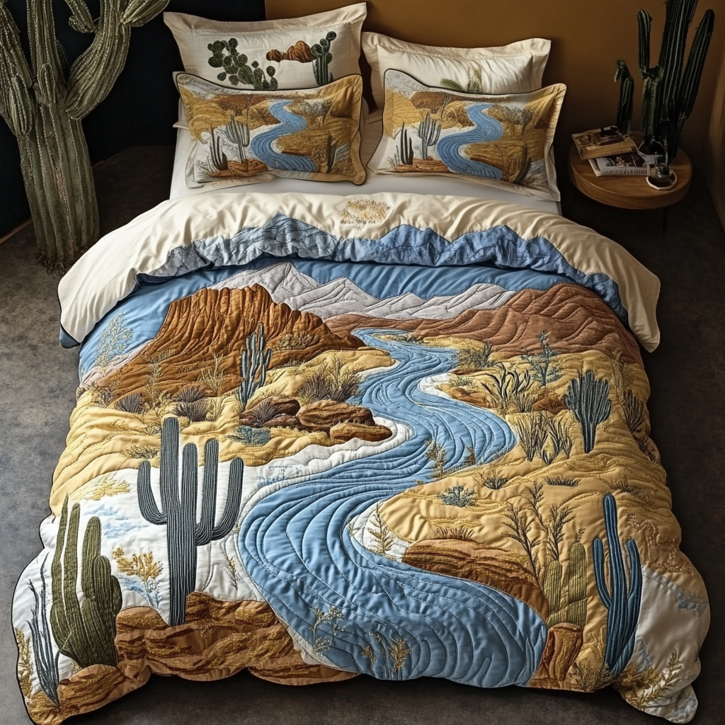 Sunset River Quilted Bedding Set Cute Room Decor Cactus Themed Gifts