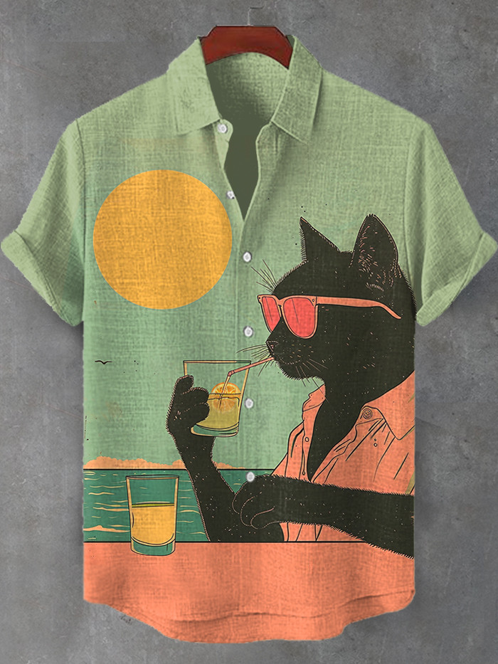 Sunset Seaside Holiday Cocktail Black Cat Art Hawaiian Shirt Shirt Gifts For Dad