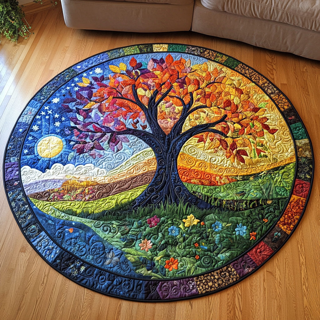 Sunset Seasons Tree Quilted Round Mat Christmas Entry Way Decor Grandparent First Christmas Gift