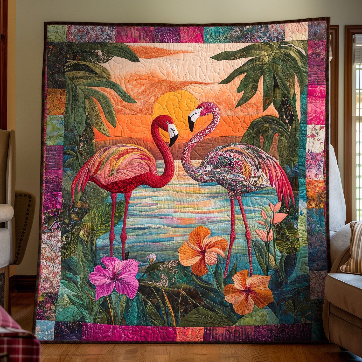 Sunset Serenade Quilted Blanket Gifts For Flamingo Lovers