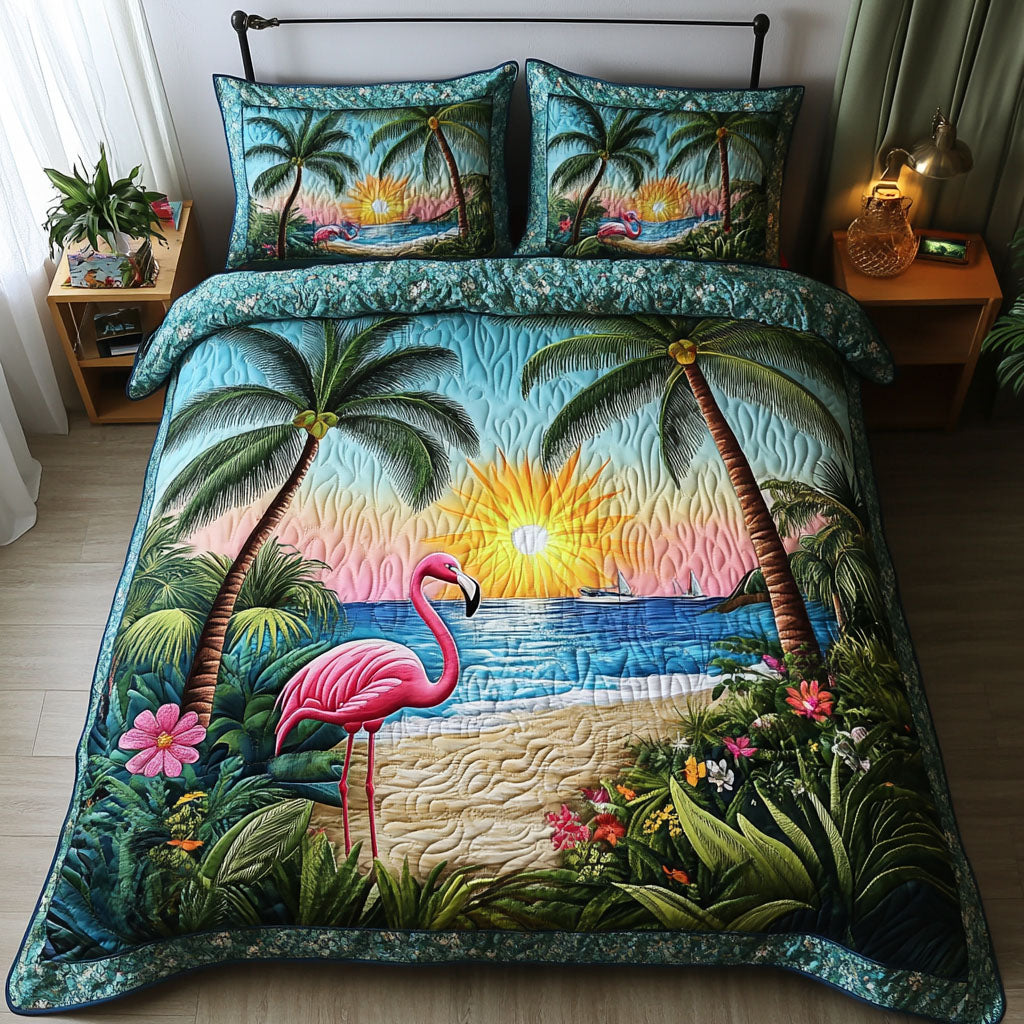 Sunset Serenity Quilted Bedding Set Aesthetic Room Decor Gifts With Flamingos On Them
