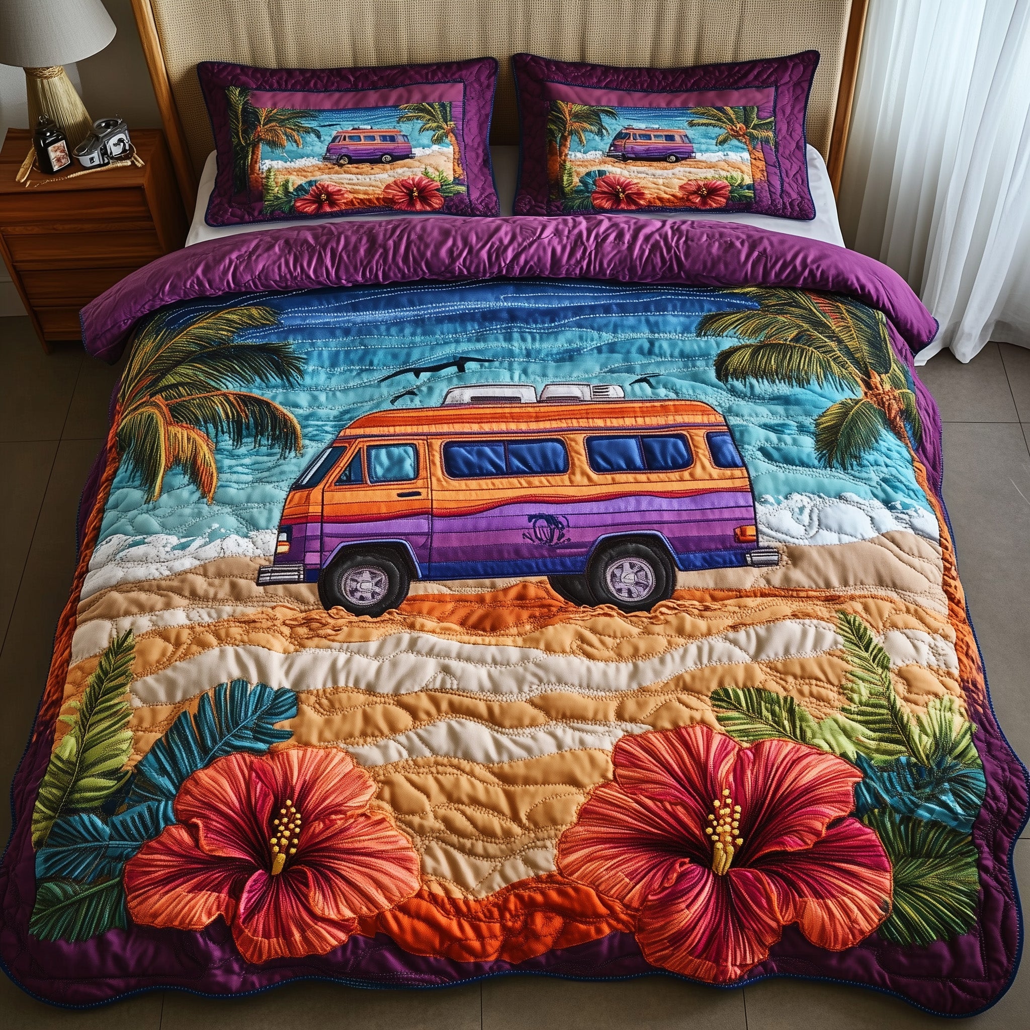 Sunset Shores Camper Quilted Bedding Set Duvet Cover Bed Sheet Best Camping Gifts For Dad Father's Day Christmas
