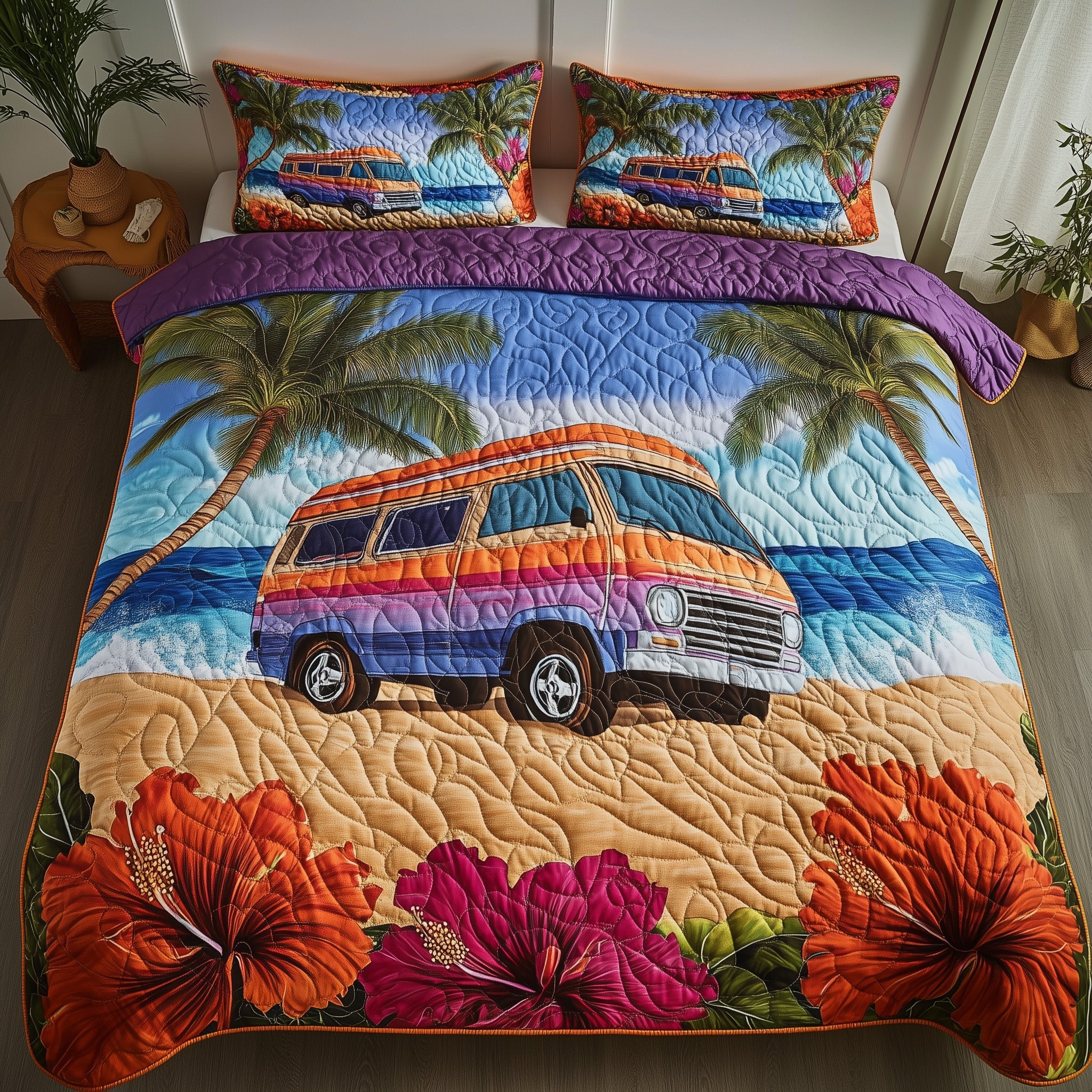 Sunset Shores Camper Quilted Bedding Set Duvet Cover Bed Sheet Unique Camping Gifts