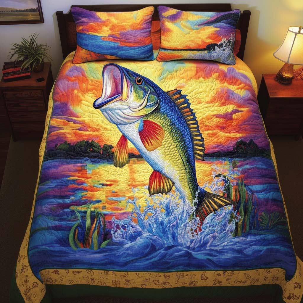 Sunset Splash Quilted Bedding Set Cute Room Decor Best Fishing Christmas Gifts