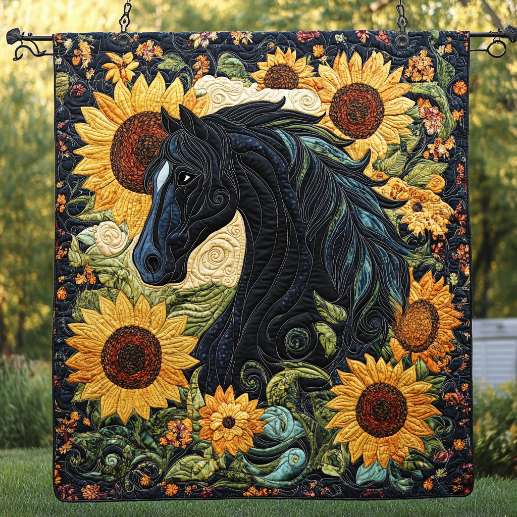 Sunset Stallion Quilted Blanket Sunflower Gifts For Her
