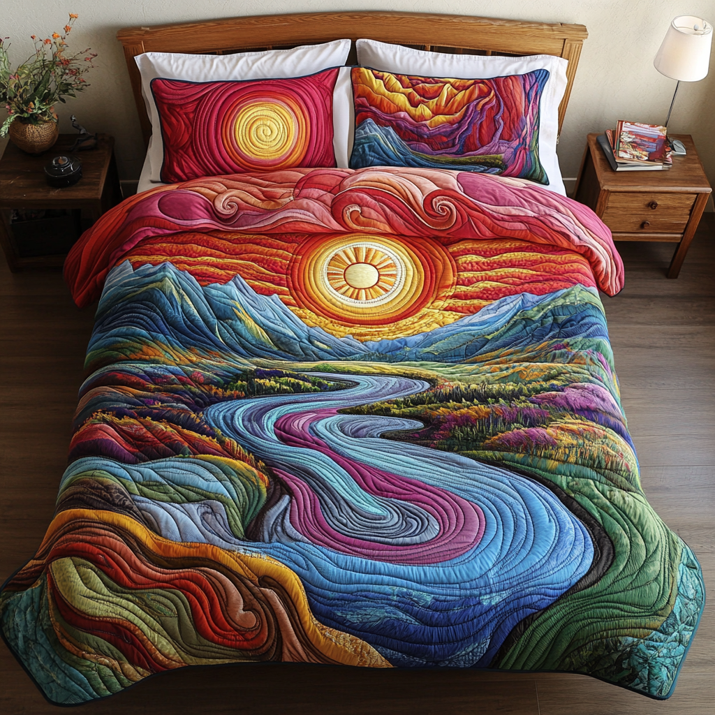 Sunset Stream Quilted Bedding Set King Bedspread Gifts For Boyfriends Parents