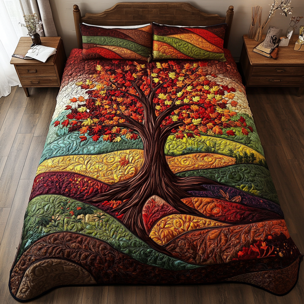 Sunset Tree Quilted Bedding Set Autumn Themed Bed Sheets Tree Of Life Merchandise