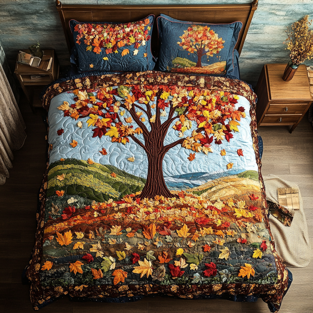 Sunset Trees Quilted Bedding Set Bed Decorations Gifts For Autumn Lovers