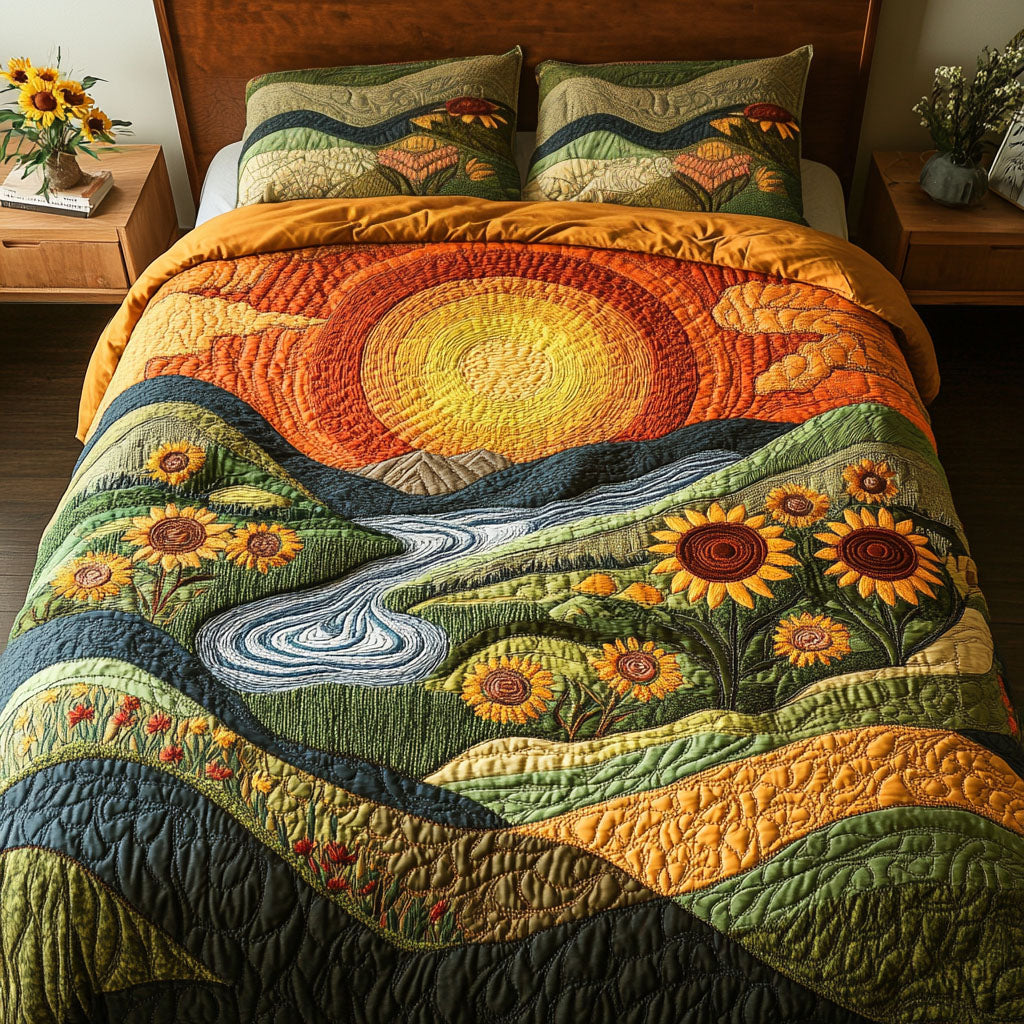Sunset Valley Quilted Bedding Set Cool Bedroom Decor Sunflower Theme Gifts Merchandise