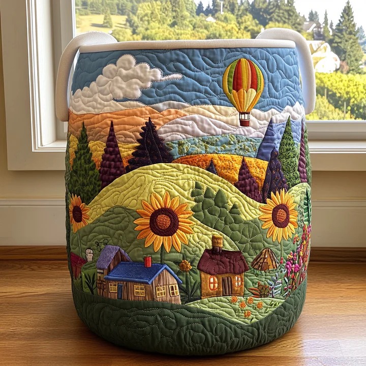 Sunset Valley Wildflower Quilted Laundry Basket Rustic Country Home Decor Best Gift For Nature Lovers