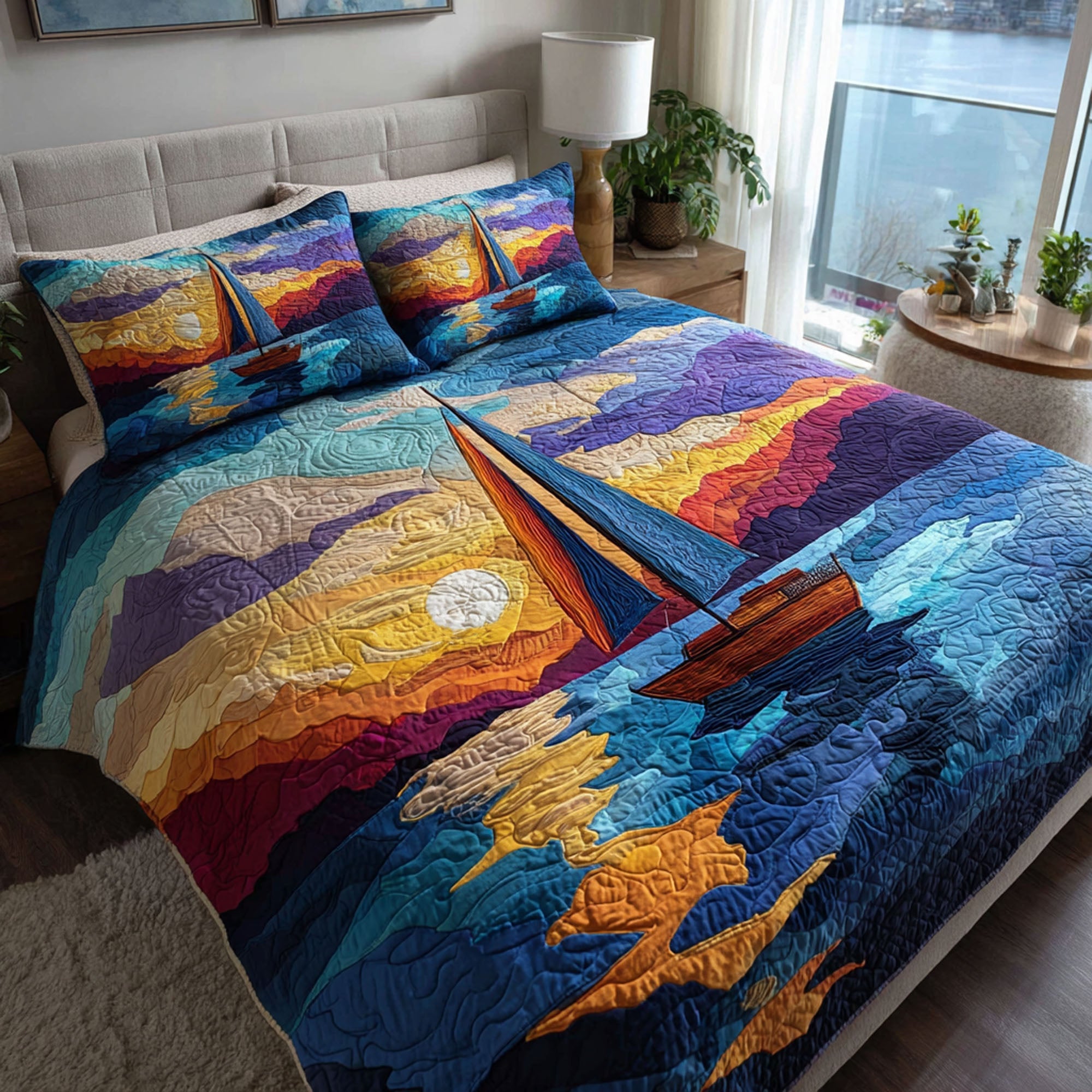 Sunset Voyage Quilted Bedding Set Aesthetic Room Decor Unique Sailboat Gifts