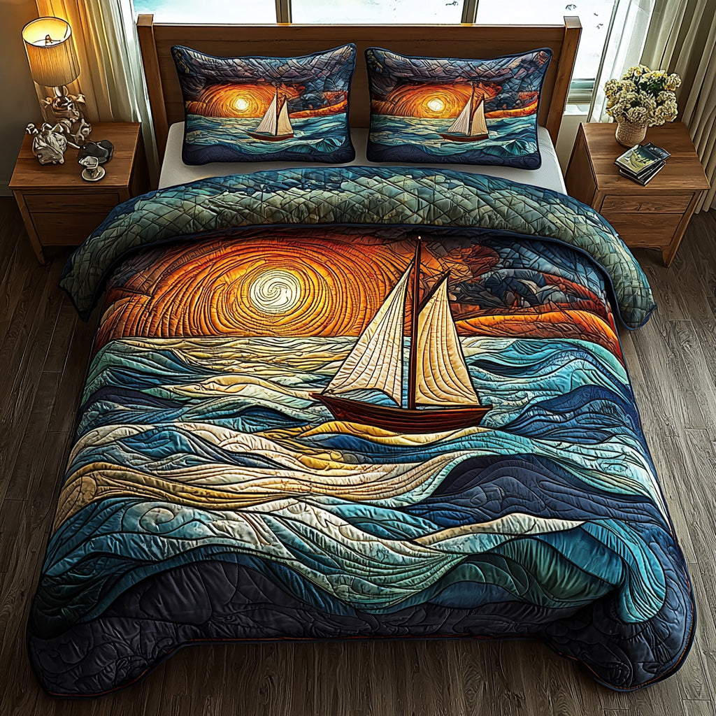 Sunset Voyage Quilted Bedding Set Bed Room Decoration Best Gift For A Sailboat Owner