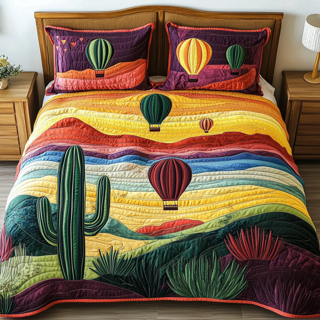 Sunset Voyage Quilted Bedding Set Bedroom Decor Cute Cactus Gifts