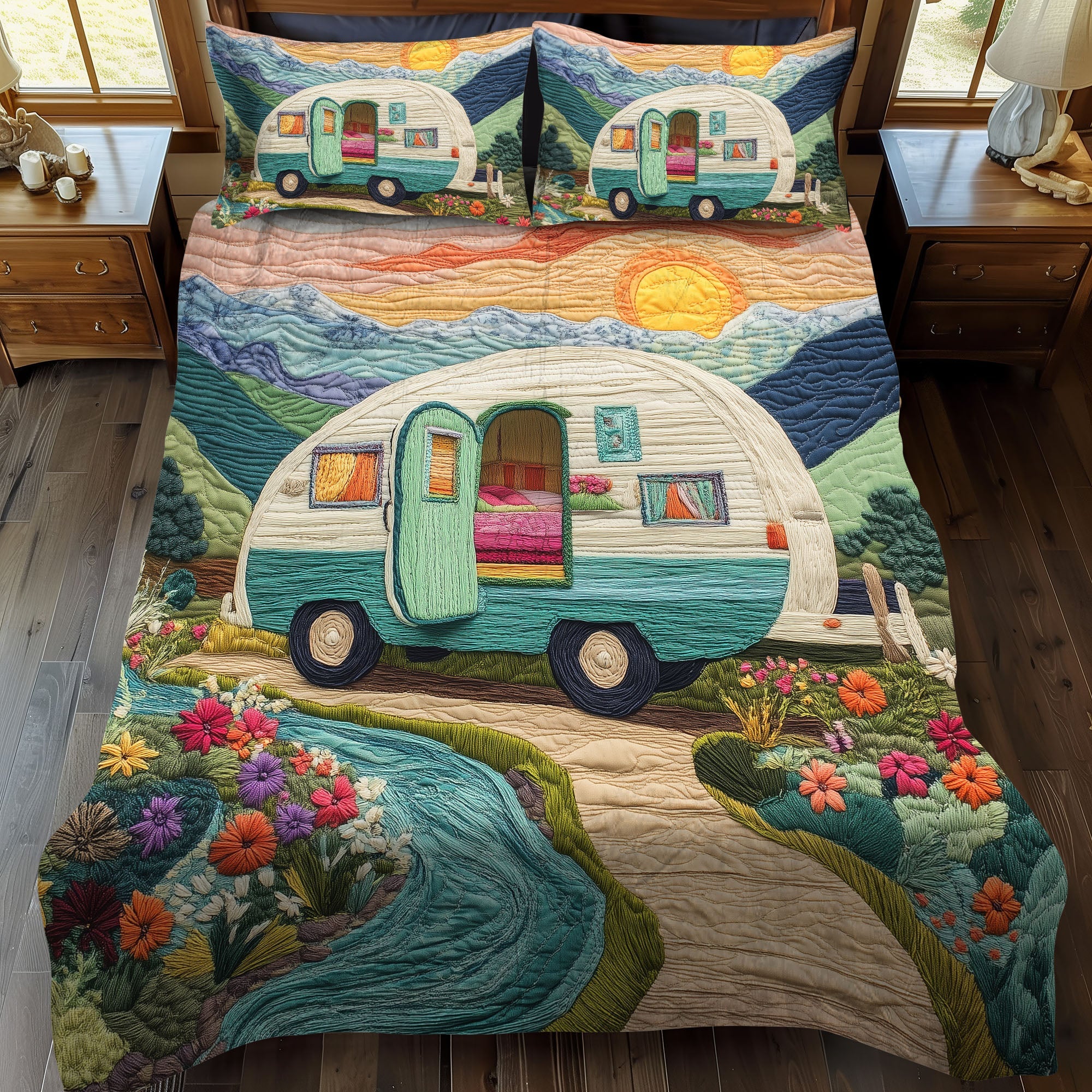 Sunset Voyage Quilted Bedding Set Cool Bedroom Decor Hippy Christmas Gifts